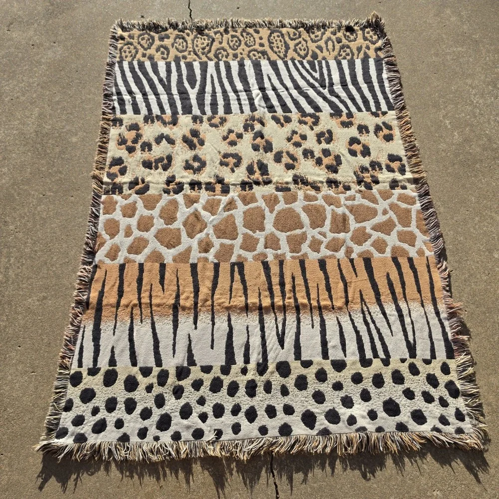 Vintage Woven Animal Print Patchwork Throw Blanket Fringed Tapestry 70x48